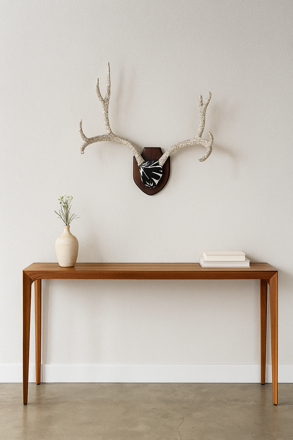 Antlers hung in the entryway of a minimalist home