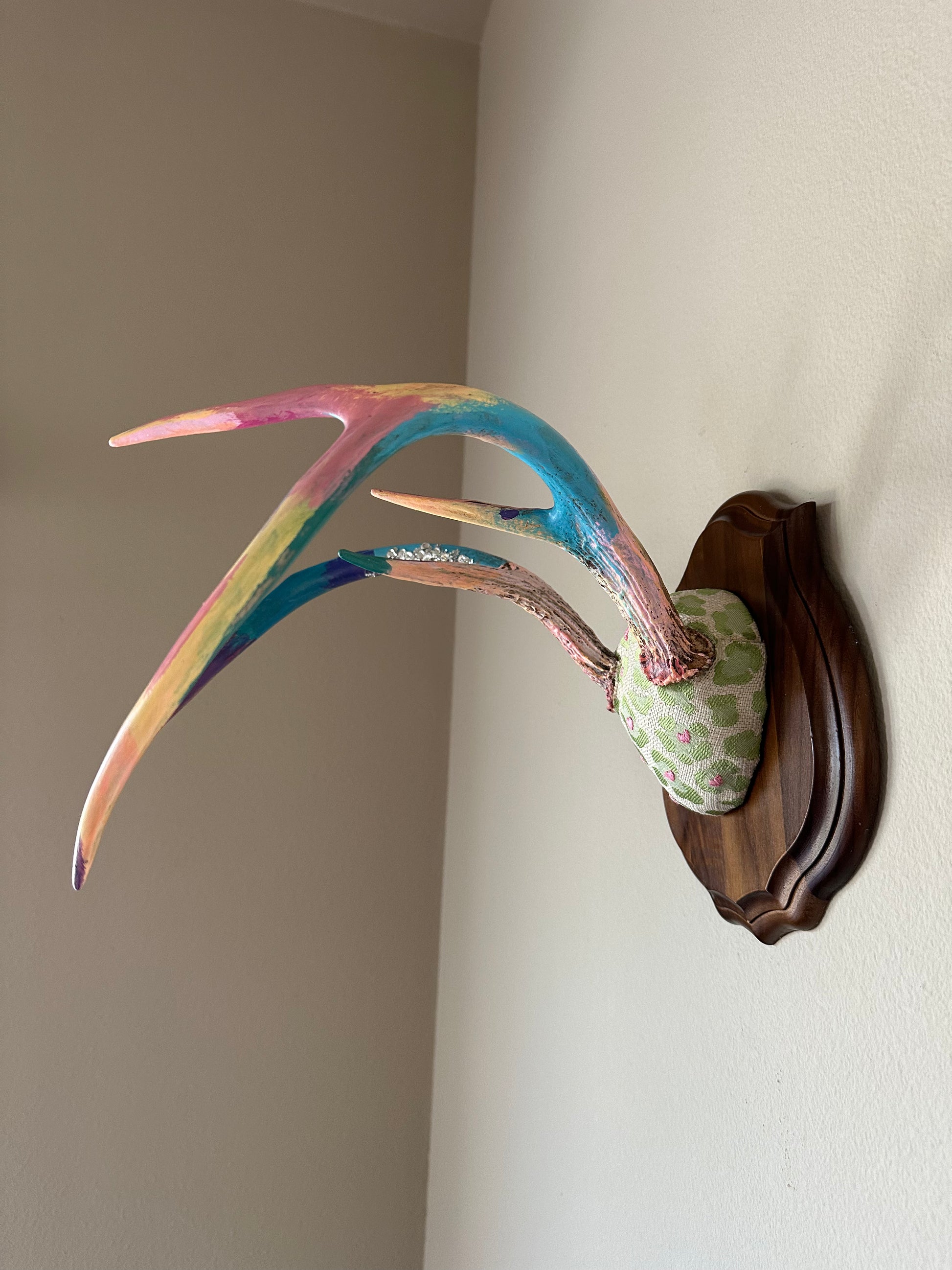 image of large real white tail deer antlers colorfully hand painted, mounted and covered in pastel neon green and pink cheetah leopard print fabric