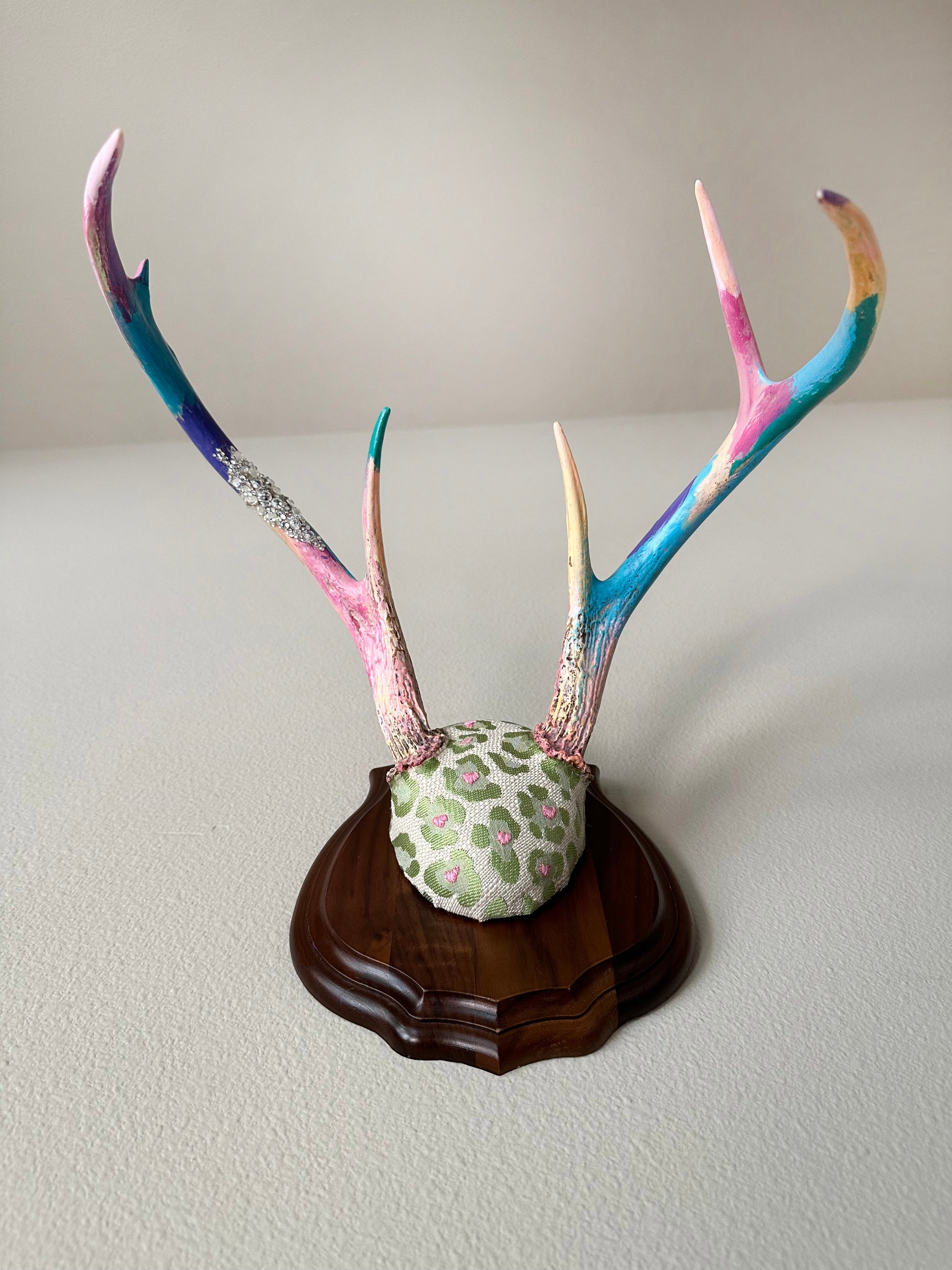 image of large real white tail deer antlers colorfully hand painted, mounted and covered in pastel neon green and pink cheetah leopard print fabric