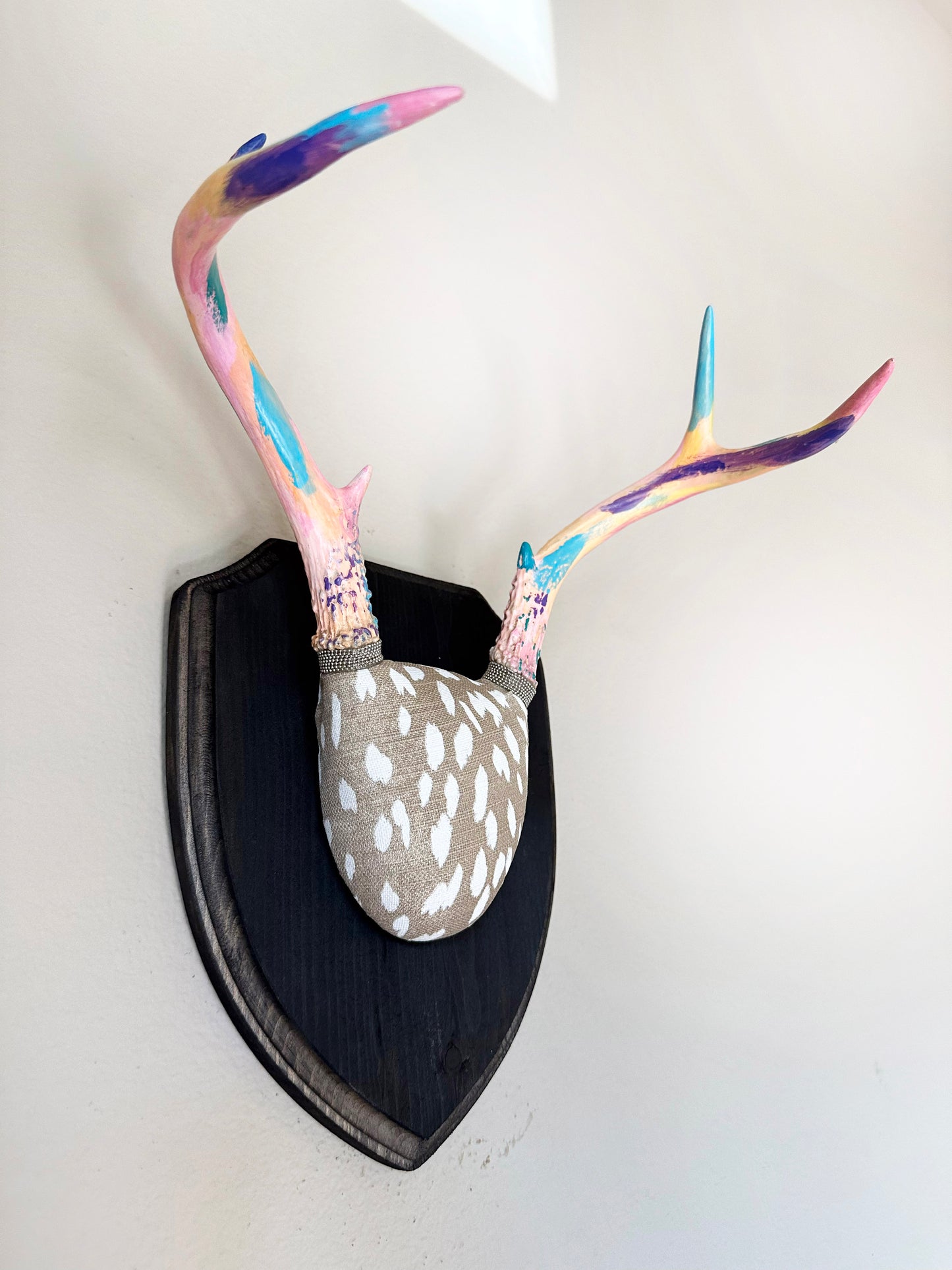 image of small real white tail deer antlers colorfully hand painted, mounted  and covered in animal print fabric  