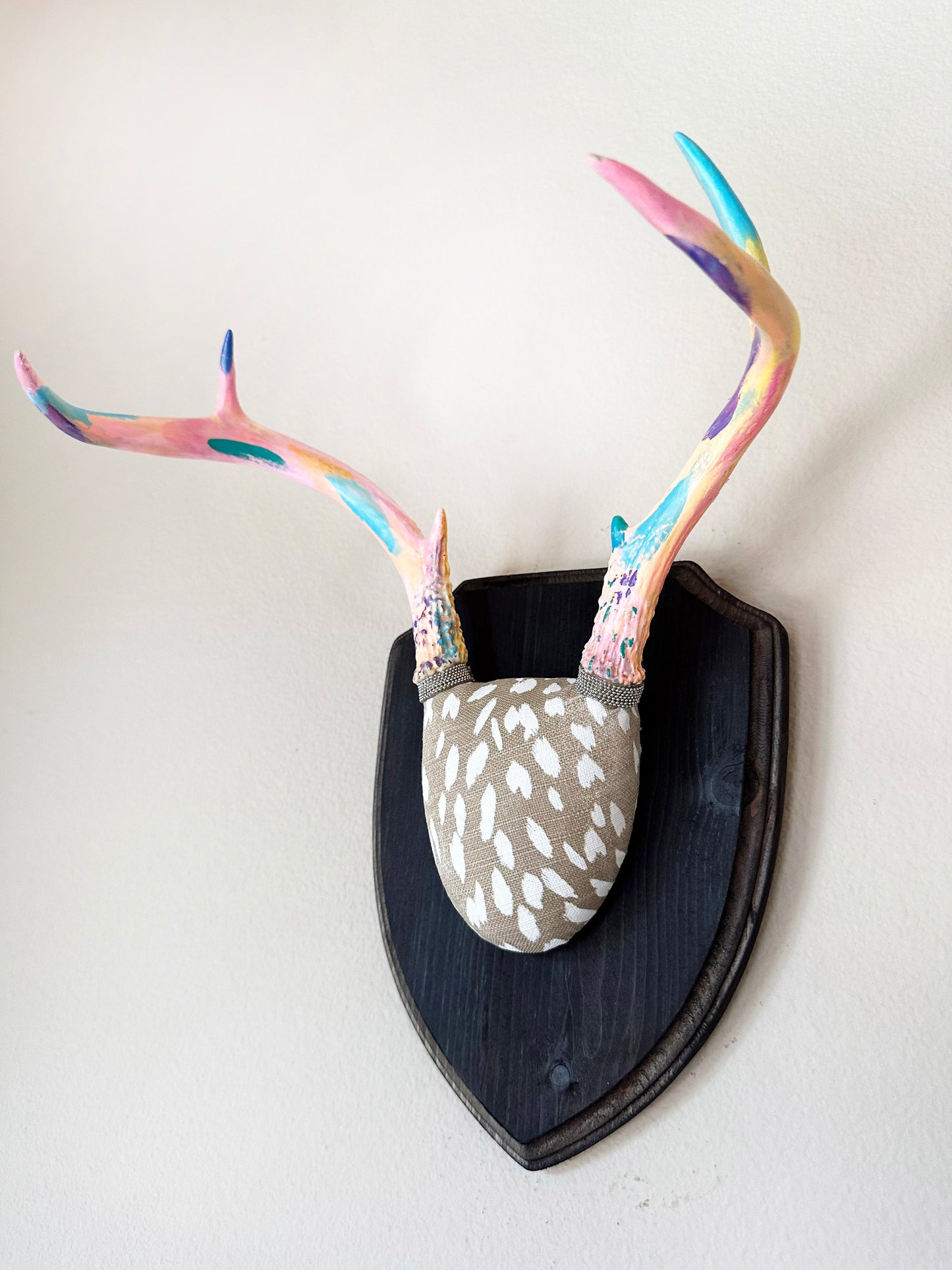 image of small real white tail deer antlers colorfully hand painted, mounted  and covered in animal print fabric  