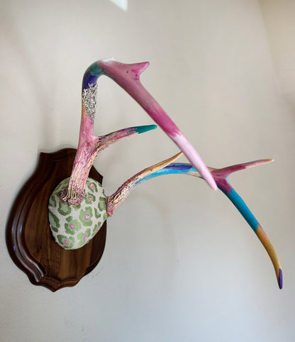 image of large real white tail deer antlers colorfully hand painted, mounted and covered in pastel neon green and pink cheetah leopard print fabric