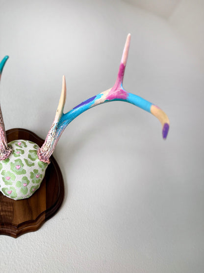 image of large real white tail deer antlers colorfully hand painted, mounted and covered in pastel neon green and pink cheetah leopard print fabric