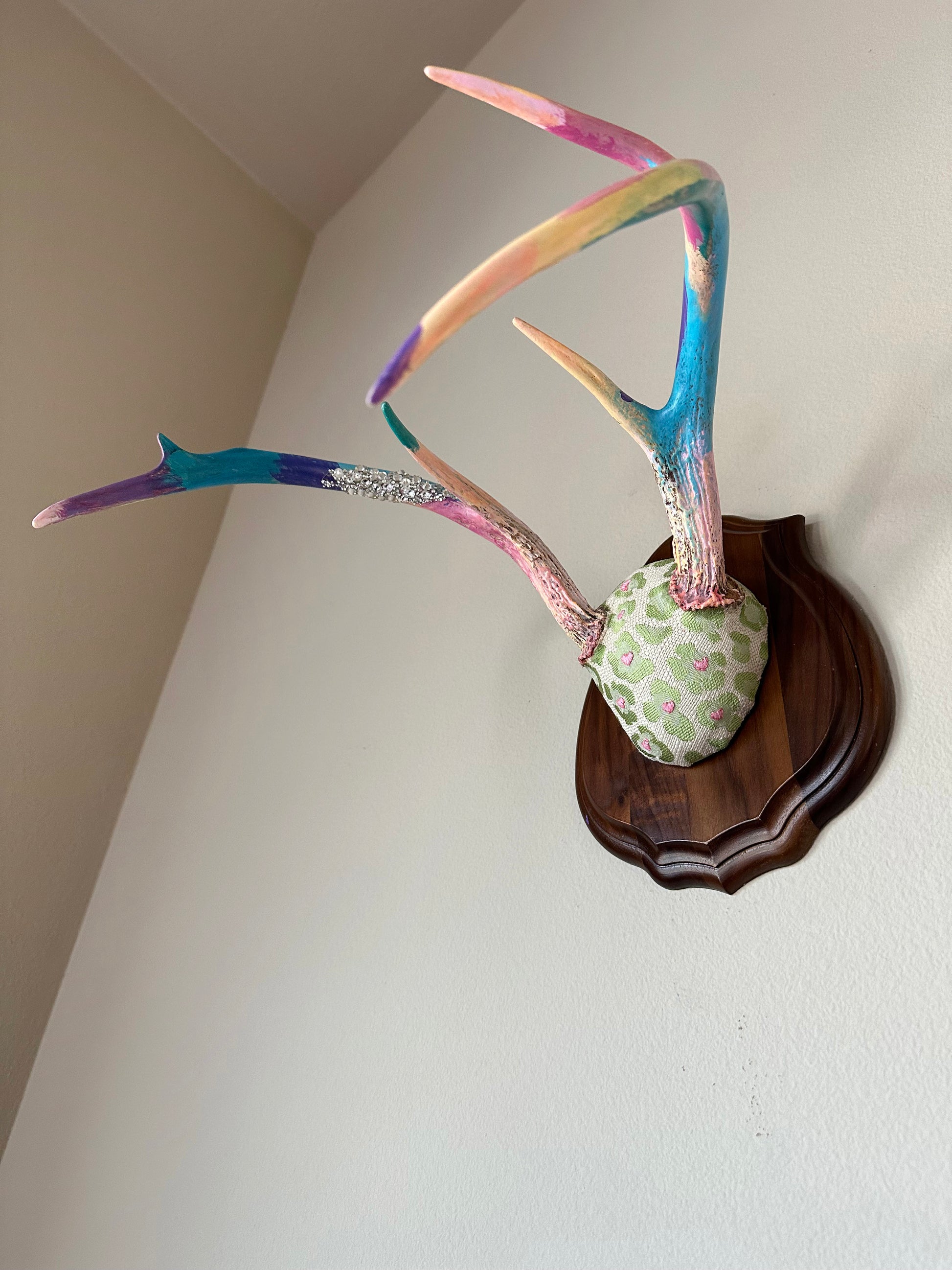image of large real white tail deer antlers colorfully hand painted, mounted and covered in pastel neon green and pink cheetah leopard print fabric