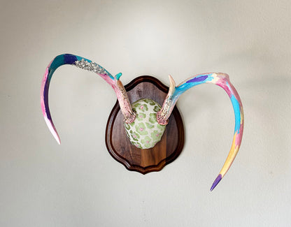 image of large real white tail deer antlers colorfully hand painted, mounted  and covered in pastel neon green and pink cheetah leopard print fabric  